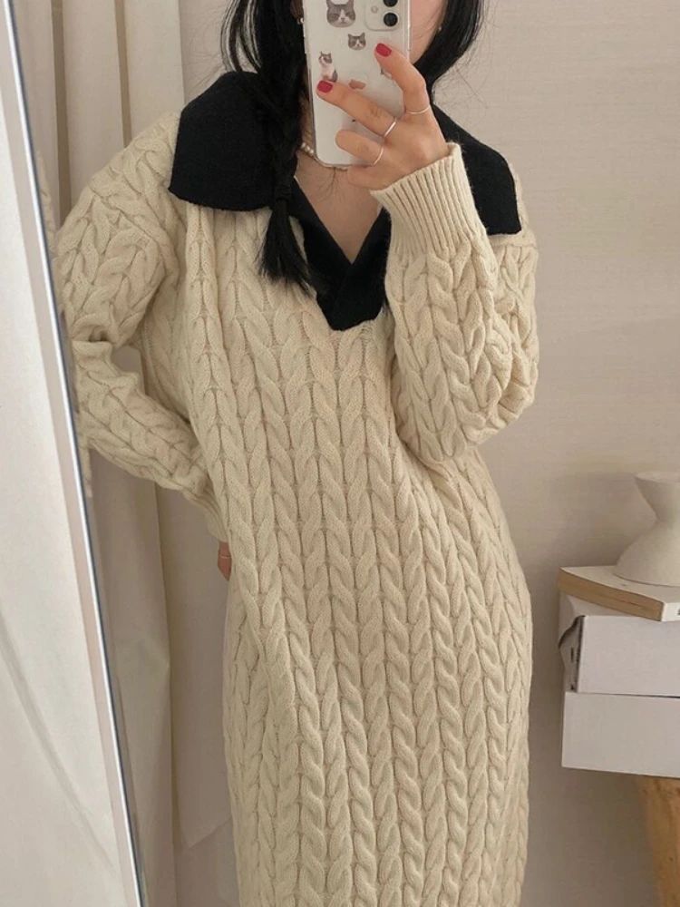 Korobov French Vintage Robes Lazy Style Lapel Twist Stripe Knitting Dresses for Women 2022 Korean Fashion Vestidos De Mujer