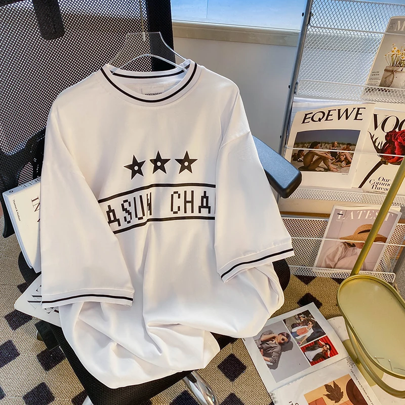 

Korean Version Medium Length Letter Printed Short Sleeve T-shirt for Women Vintage Y2k Top Streetwear Graphic T Shirts