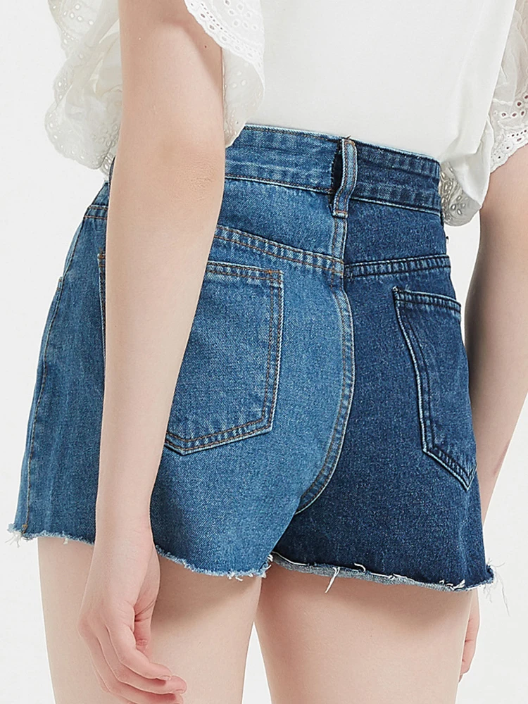 Streetwear Women High Waist Frayed Raw Hem Blue Denim Shorts Summer Female Button Loose Jeans Shorts Bottoms
