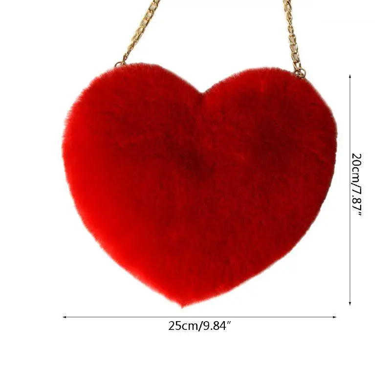 Women's Heart Shaped Faux Fur Crossbody Wallet Purse Chain Shoulder Bag Drop Shipping images - 6