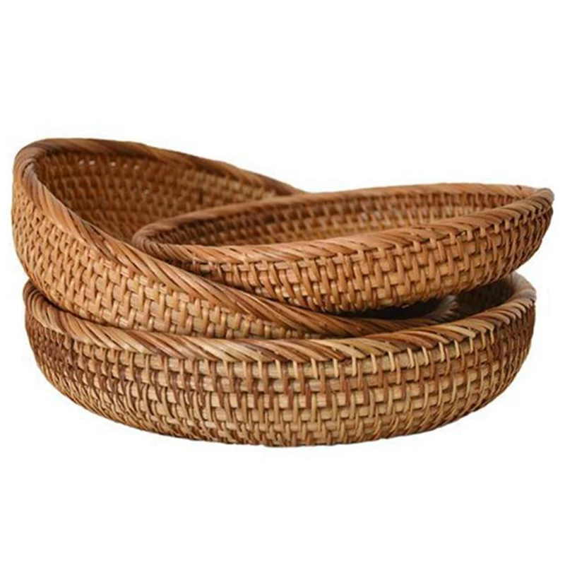 

3PCS Rattan Woven Round Fruit Basket Woven Storage Basket Dim Sum Basket Living Room Bedroom Desktop Basket
