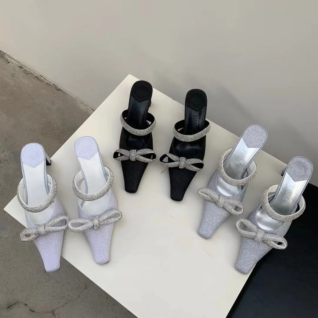 

Женские шлепанцы с квадратным носком, без застежки, на толстом высоком каблуке, летние уличные тапочки с бантом, сланцы, мюли с блестками