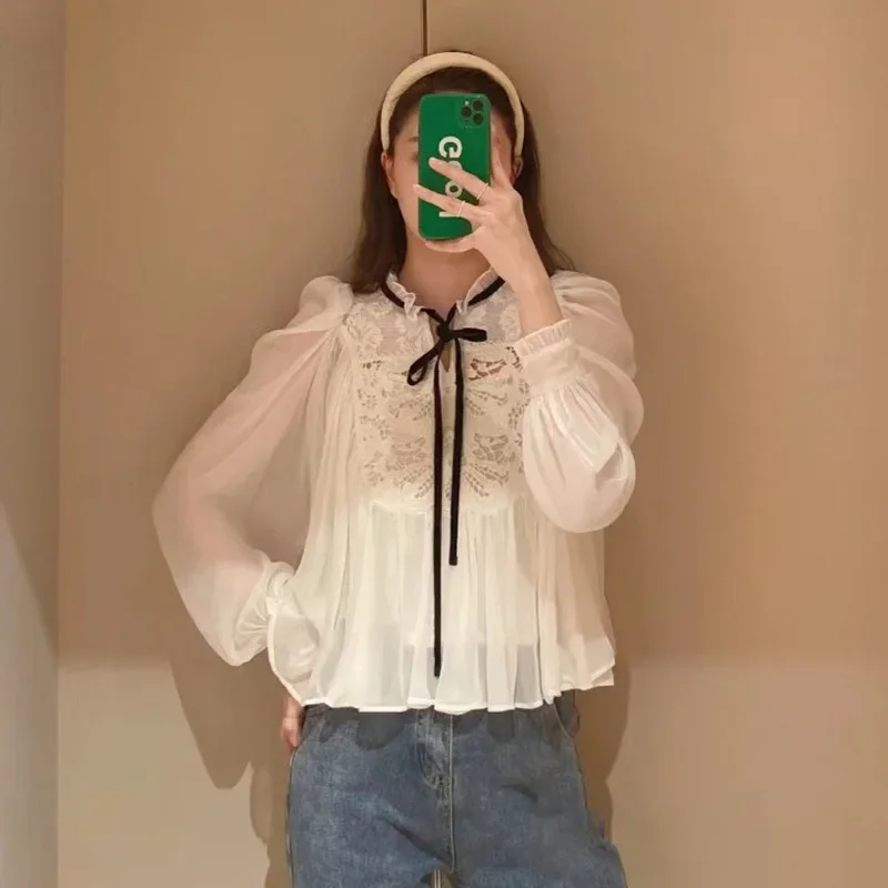 Neploe рукав-фонарик со шнуровкой Blusas Mujer японские кружевные женские топы с вышивкой