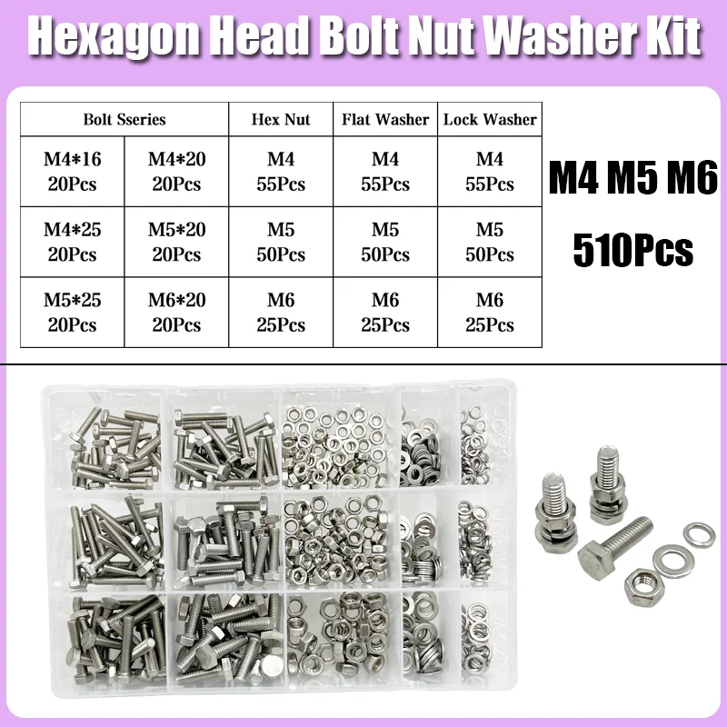 510 шт./комплект болты с шестигранной головкой и шайбой из нержавеющей стали
