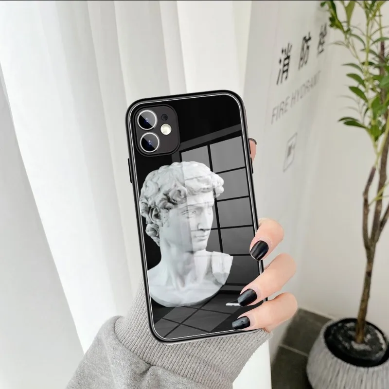 Fashion Cute David Art Bracket Phone Case Tempered Glass FOR IPhone 14 13 11 12 Pro 8 7 Plus X 13 Pro MAX XR XS MINI Covers