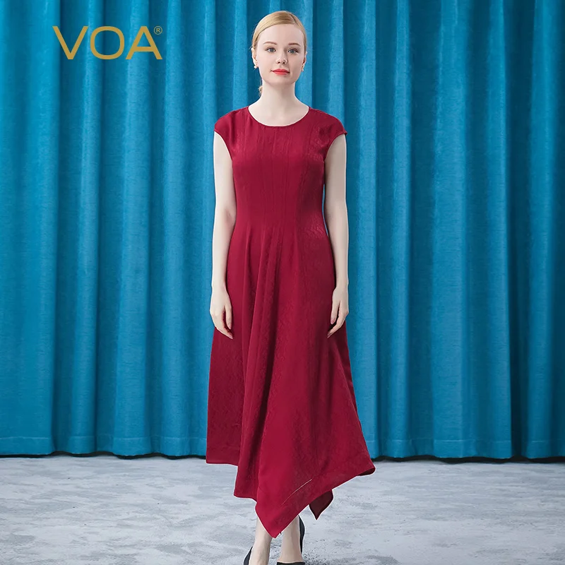 

VOA 100% Silk Jacquard Sunset Red Round Neck with Shoulder Sleeve and Mid Waist Long Hollow Design Personalized Dress AE688