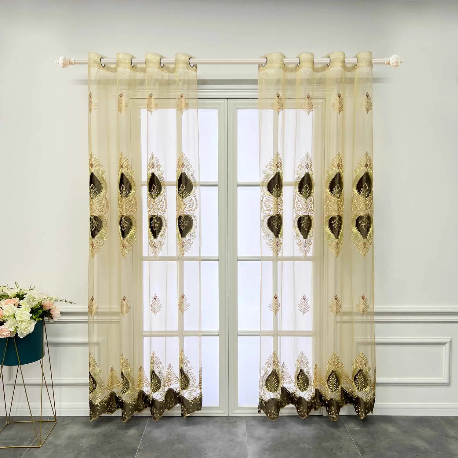 

European Style Luxury Coffee Colored Embroidered Tulle Curtains For Living Room Bedroom French Window Decoration Sheer Curtian