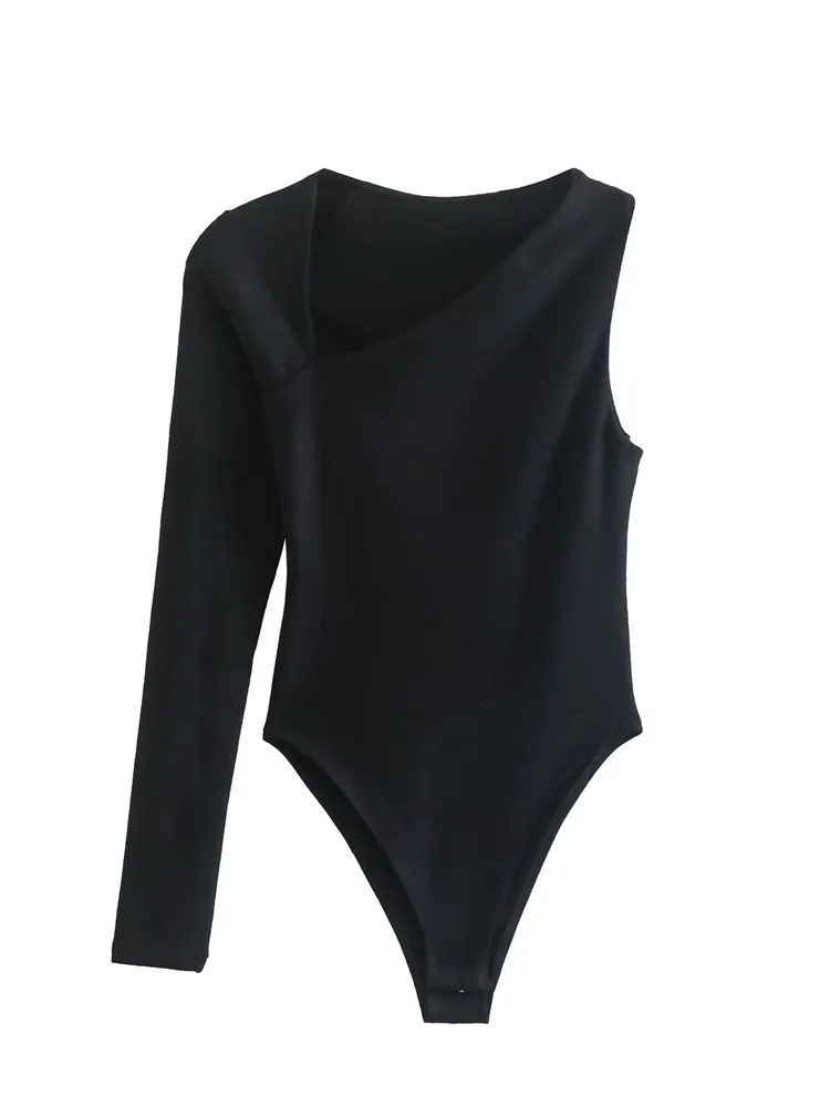 

MESTTRAF Women 2022 Fashion Black Asymmetric Bodysuits Vintage One Shoulder Long Sleeve Snap-Button Female Playsuits