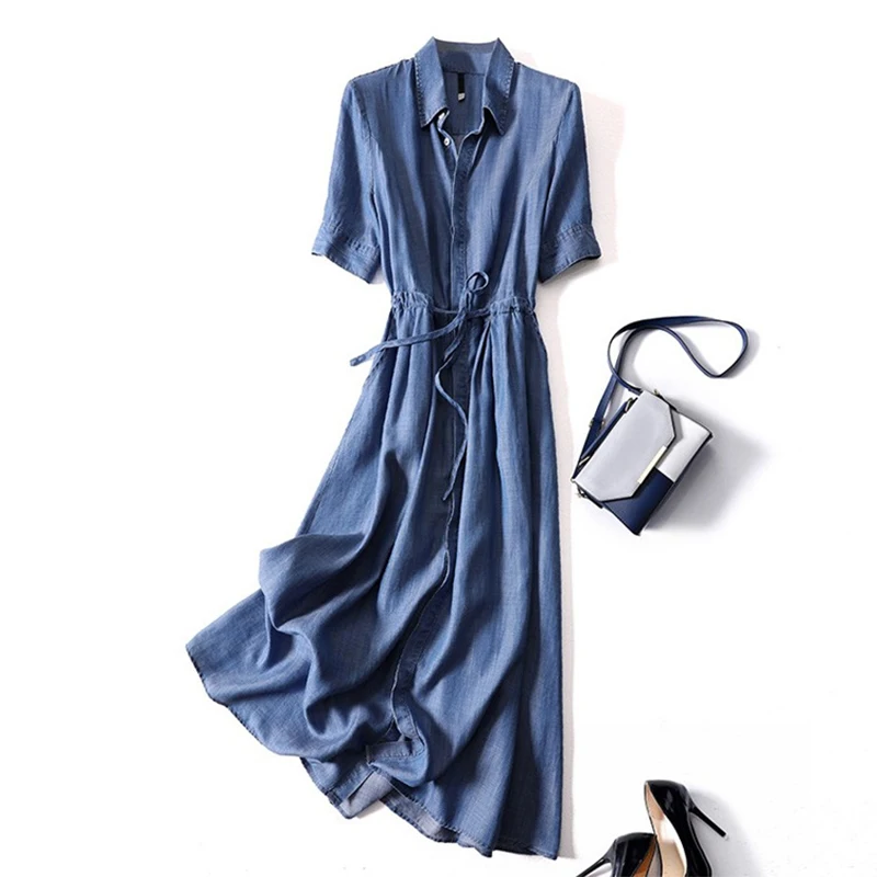 

Elegant Slim Lace-up Jeans Dress Women 2022 Summer Autumn Short Sleeve Maxi Long Denim Dress Office Lady Clothes