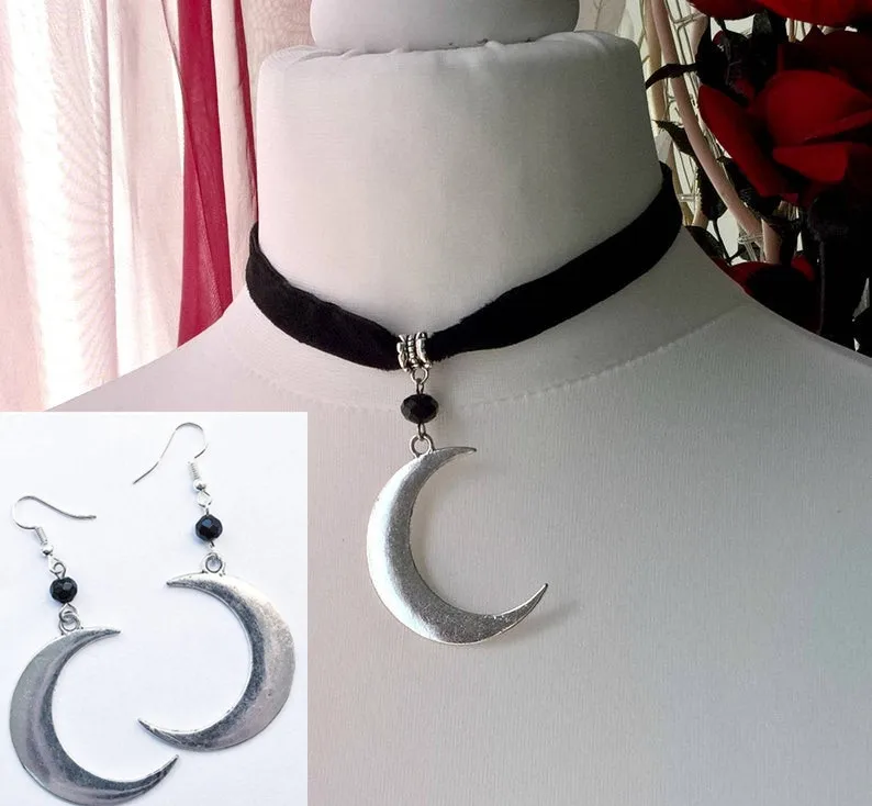 

New Hot Sale Fashion Trend Jewelry Black Velvet Moon Pendant Earrings Necklace Jewelry