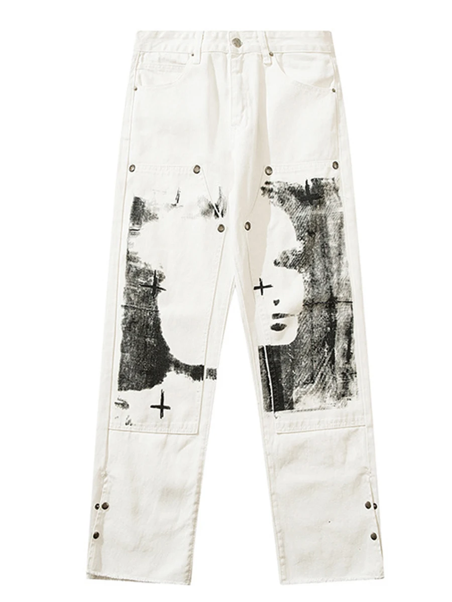 Four Seasons Men's Jeans Spoof Portrait Graffiti Print High Street Loose Jeans Streetwear Fashion Pants Unisex Straight White