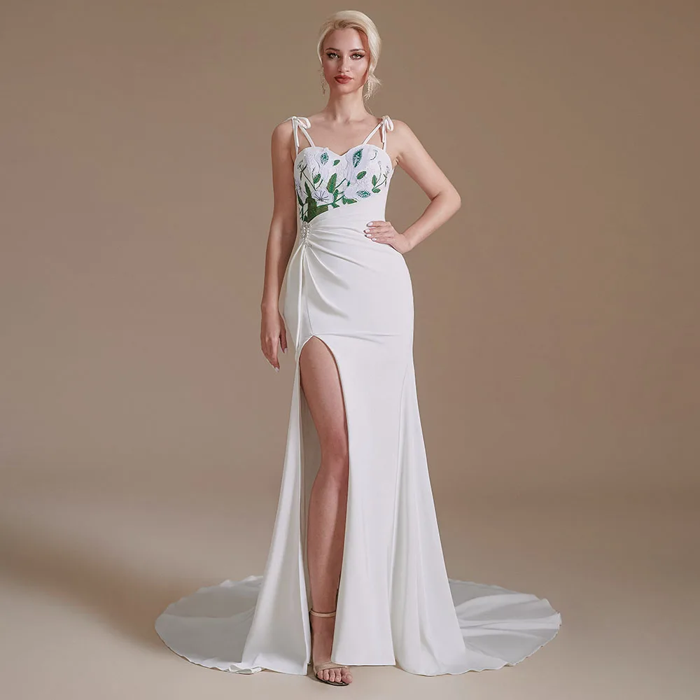 

Sexy Ivory Wedding Dresses Spaghetti Straps Mermaid High Slit Jersery Bridal Gowns Green Appliques Pearls Abito Da Sposa
