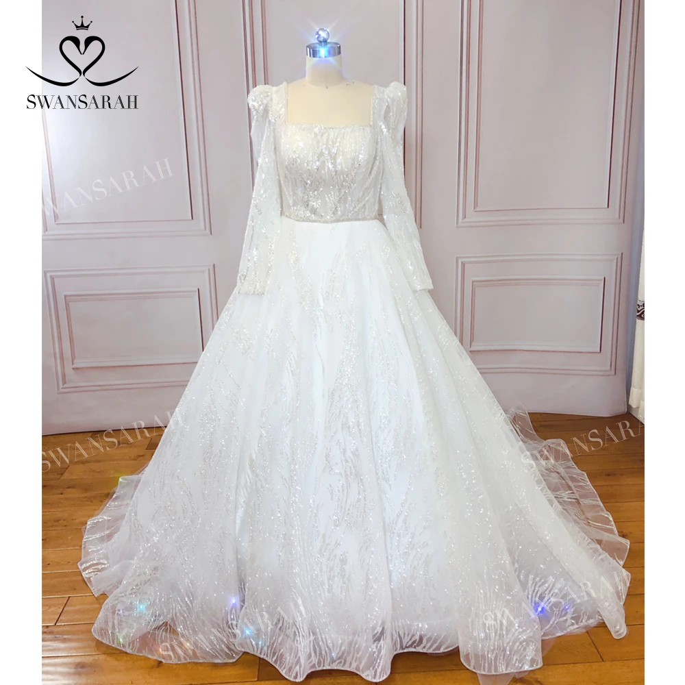 

Женское свадебное платье с квадратным вырезом, блестящее ТРАПЕЦИЕВИДНОЕ ПЛАТЬЕ ПРИНЦЕССЫ со шлейфом, длинным рукавом и бусинами, HB11, 2023