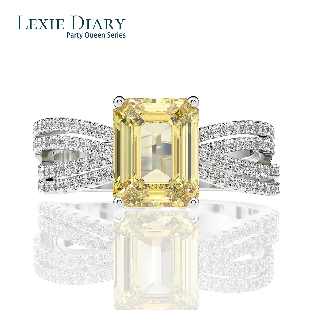 Lexie Diary Luxury Emerald Cut 7*9mm Created Moissanite Citrine Rings For Womne Solid 925 Sterling Silver Wedding Jewelry Ring