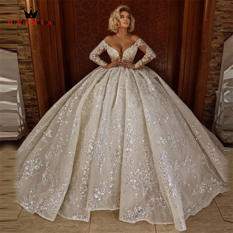 Gorgeous Wedding Dresses Ball Gown Puffy Long Sleeve Sequin Tulle Lace Beading Crystal Vintage Bridal Gown Custom Size DZ78