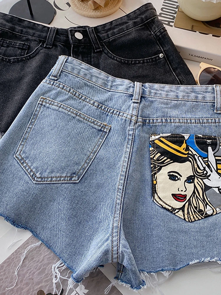 Casual Denim Shorts 2022 Summer New Ripped Denim Print High Waist Wide Leg Shorts Korean Fashion Women'S Clothing