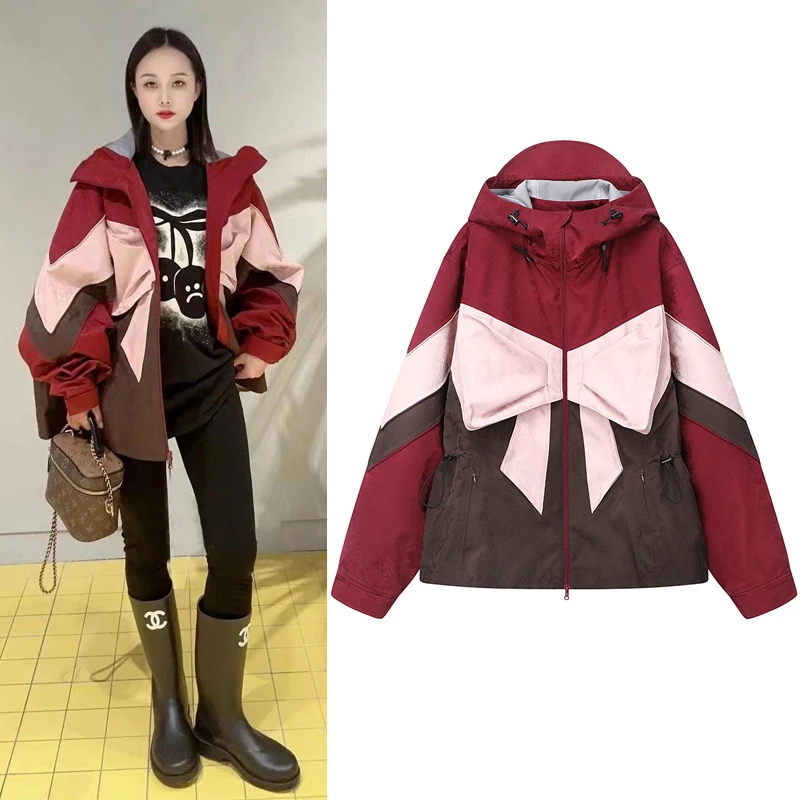 Пуховик с бантом новинка 2024 зима атласная жаккардовая куртка со съемной