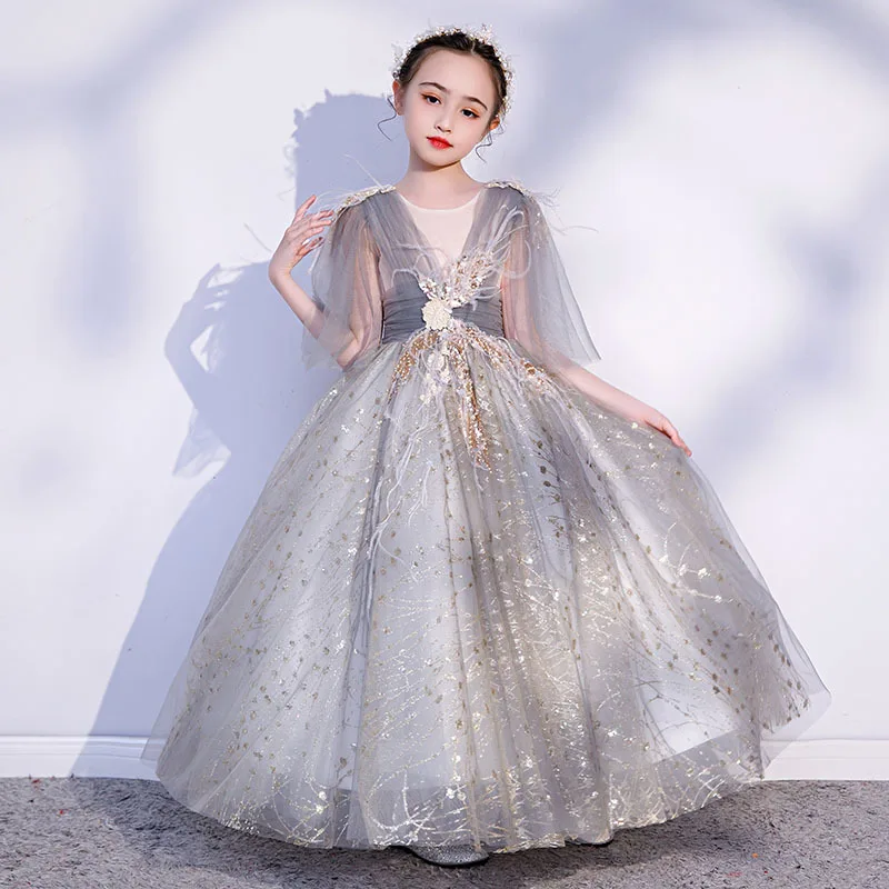 

Children's dress princess spray gold girl piano performance model catwalk small host evening dress skirt