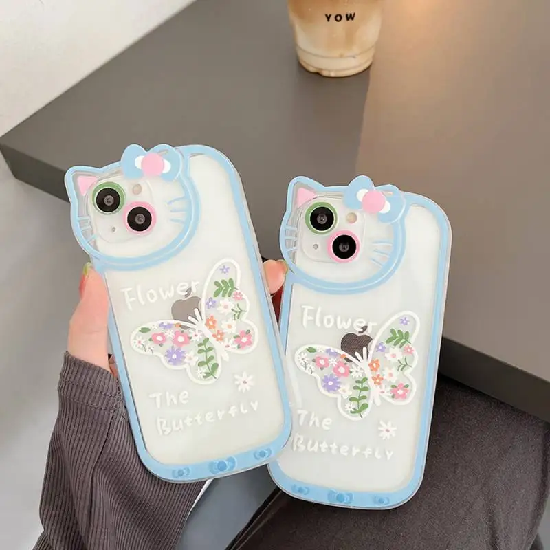 

BANDAI Cat Head Blue Flower Butterfly Phone Case for iPhone X XR XS 7 8 Plus 11 12 13 pro MAX 13mini cover