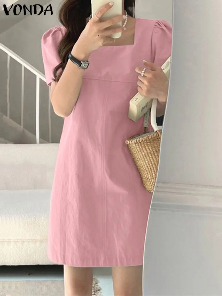 

VONDA Mini Dress Women Summer Sundress 2023 Casual Loose Elegant Dress Short Sleeve Sexy Square Collar Short Vestidos Robe Femme