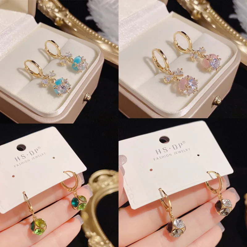 

2022 New Green Opal Pendant Earrings for Women Fashion Exquisite Zircon Bow Hoop Earrings Luxury Jewelry Accessories Wholesale