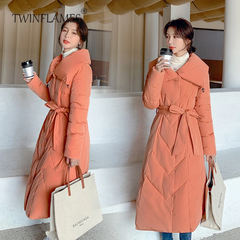TWINFLAMES Thicken Parkas Women Fashion Long Loose Cotton Jacket Coats Women Elegant Belt Cotton Jackets Female Ladies