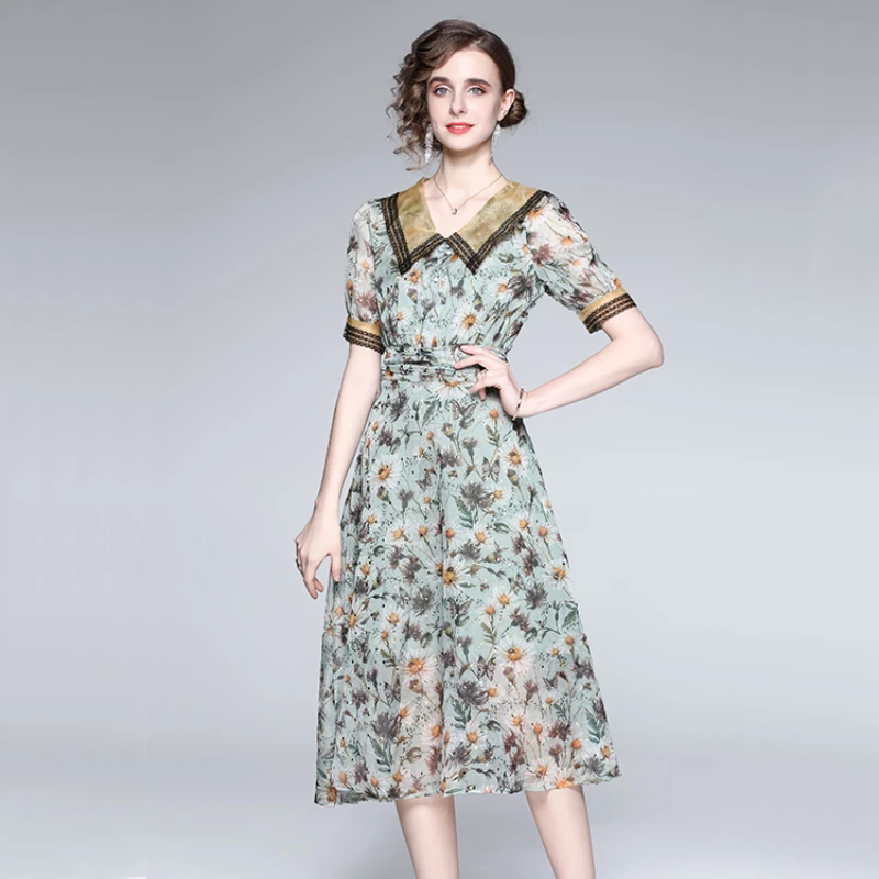 

Women's Summer New High-end Temperament French Doll Neck Short Sleeve Floral Bronzing Large Swing Waist Closing Fashion Dress