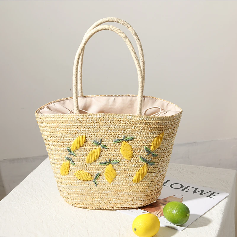

Embroidered Lemon Straw Basket Bag Paper Woven Women Handbags Handmade Summer Beach Shoulder Bags Casual Large Tote Bali Purses
