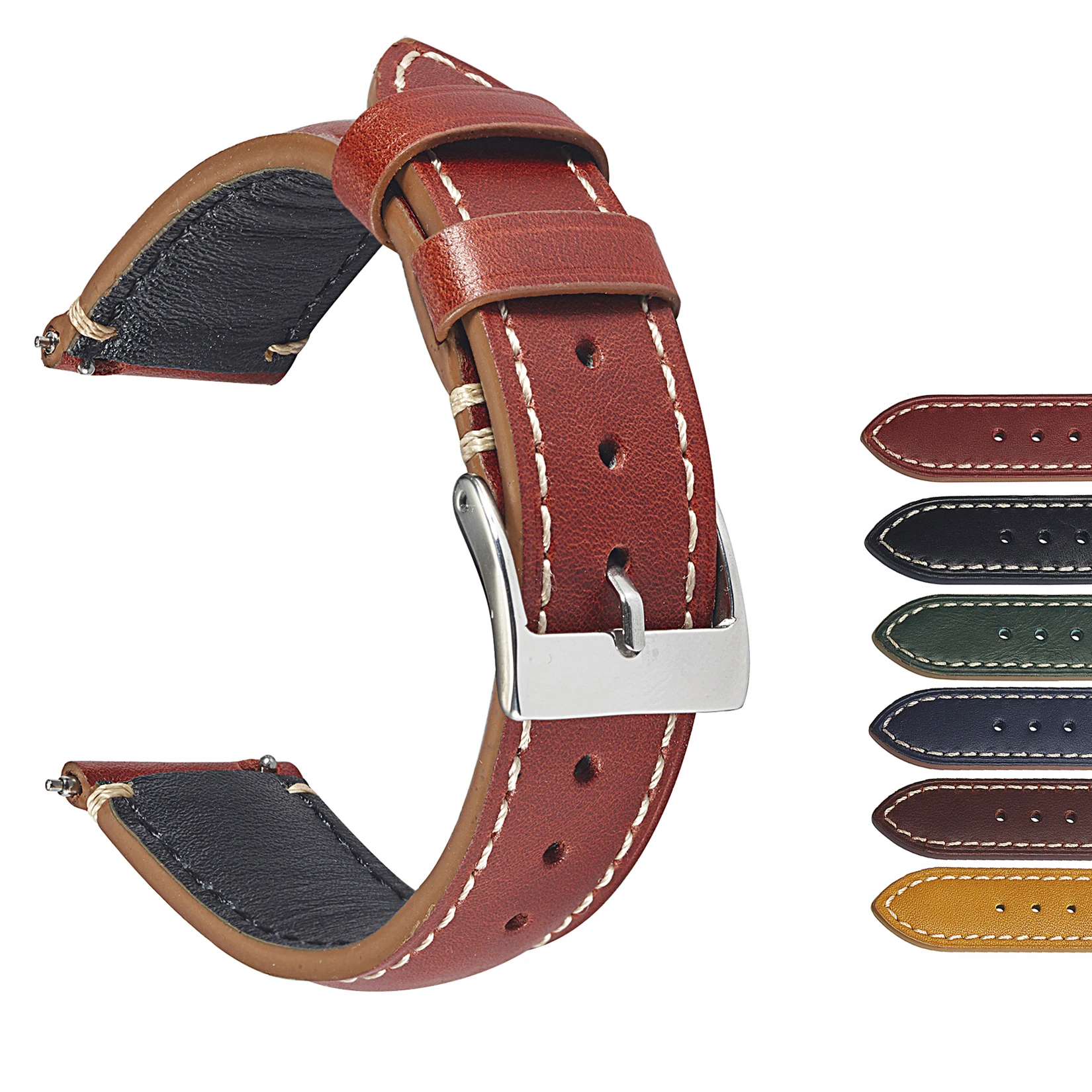 

Custom Smooth Leather Watch Wrist Band 20mm 22mm 24mm Vintage Side Stitch Strap Italian Leather Watch Straps For Amazfit bip