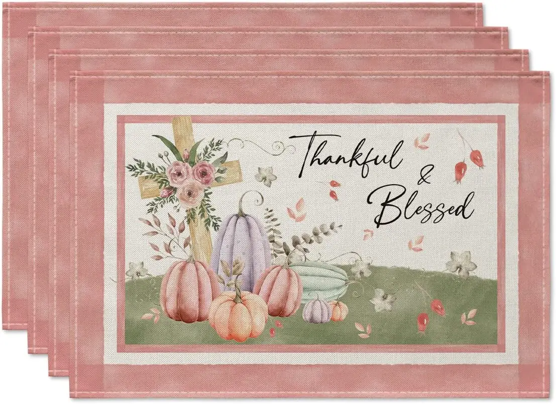 

Pink Pumpkins Thanksgiving Placemats Set of 4 12x18 Inch Thankful Blessed Fall Table Mats Outdoor Home Party Kitchen Dining