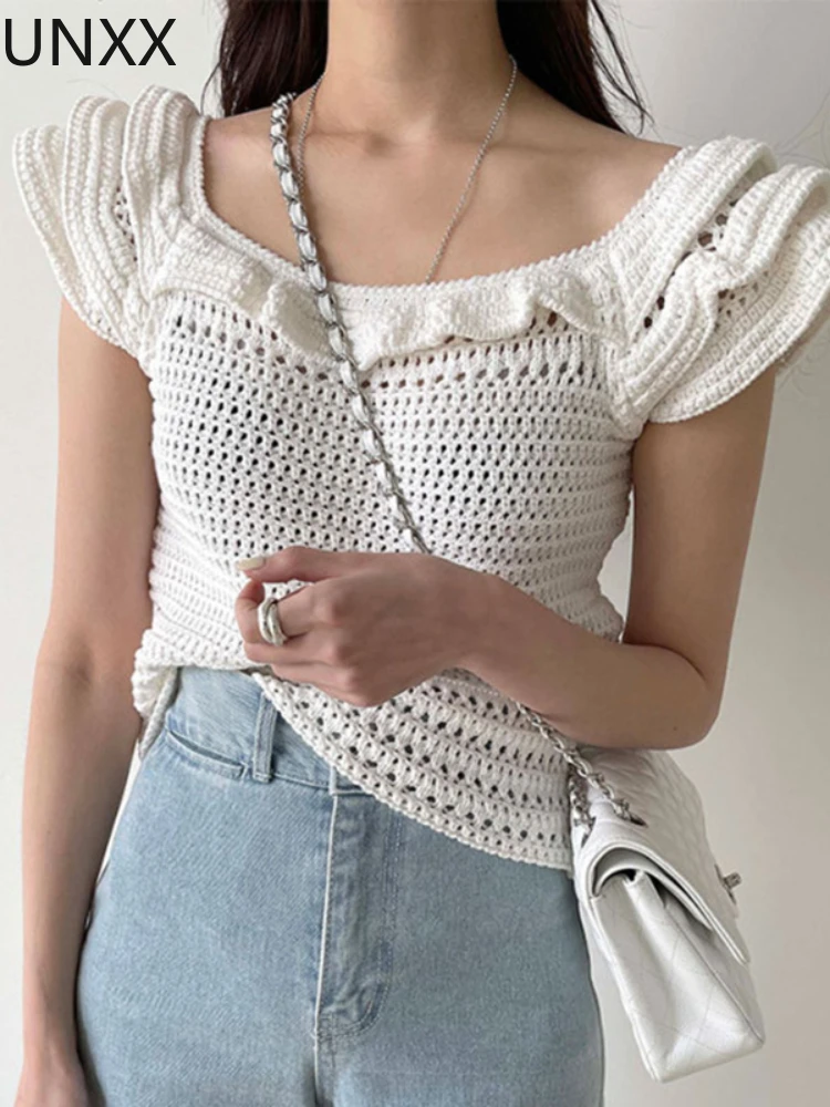 

UNXX South Korea Chic Knitwear Shirts Women Summer Retro Square Collar Exposed Collarbone Flying Sleeves Hollow Out Top Ladies