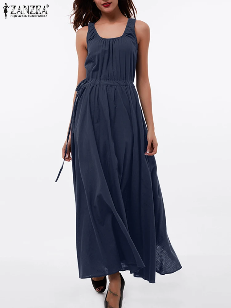 

ZANZEA Summer Women Overalls Dress Casual Loose Holiday Solid Sundress Drawstring Waist Long Pockets Maxi Vestidos Robe Femme