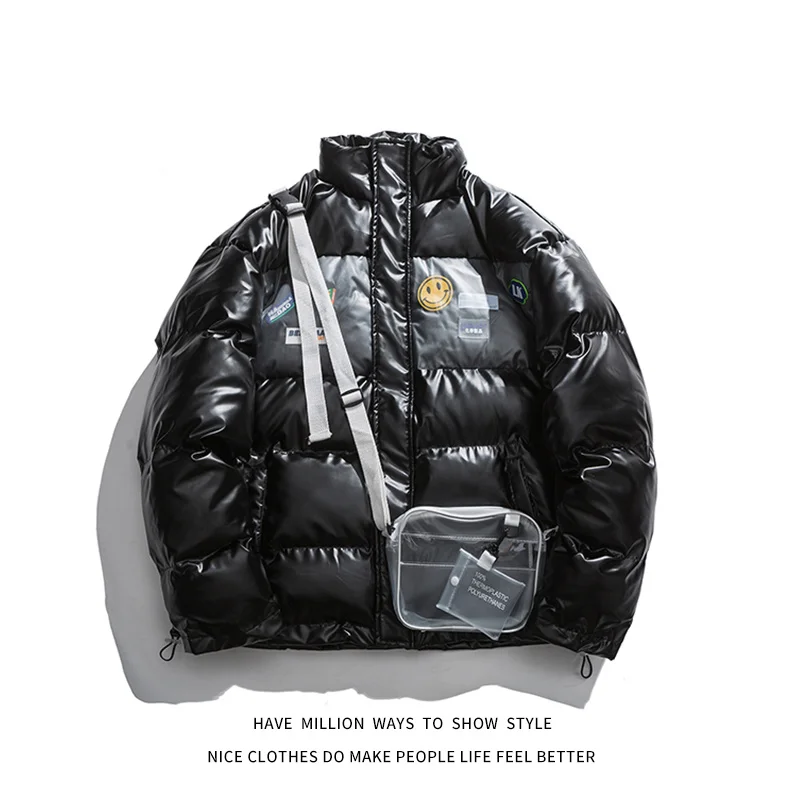 

2021 New Collection Thick and Warm Smile Face Pocket Wallet Bag Women Oversize Bread Jacket Unisex Men Bomber Coat High Street