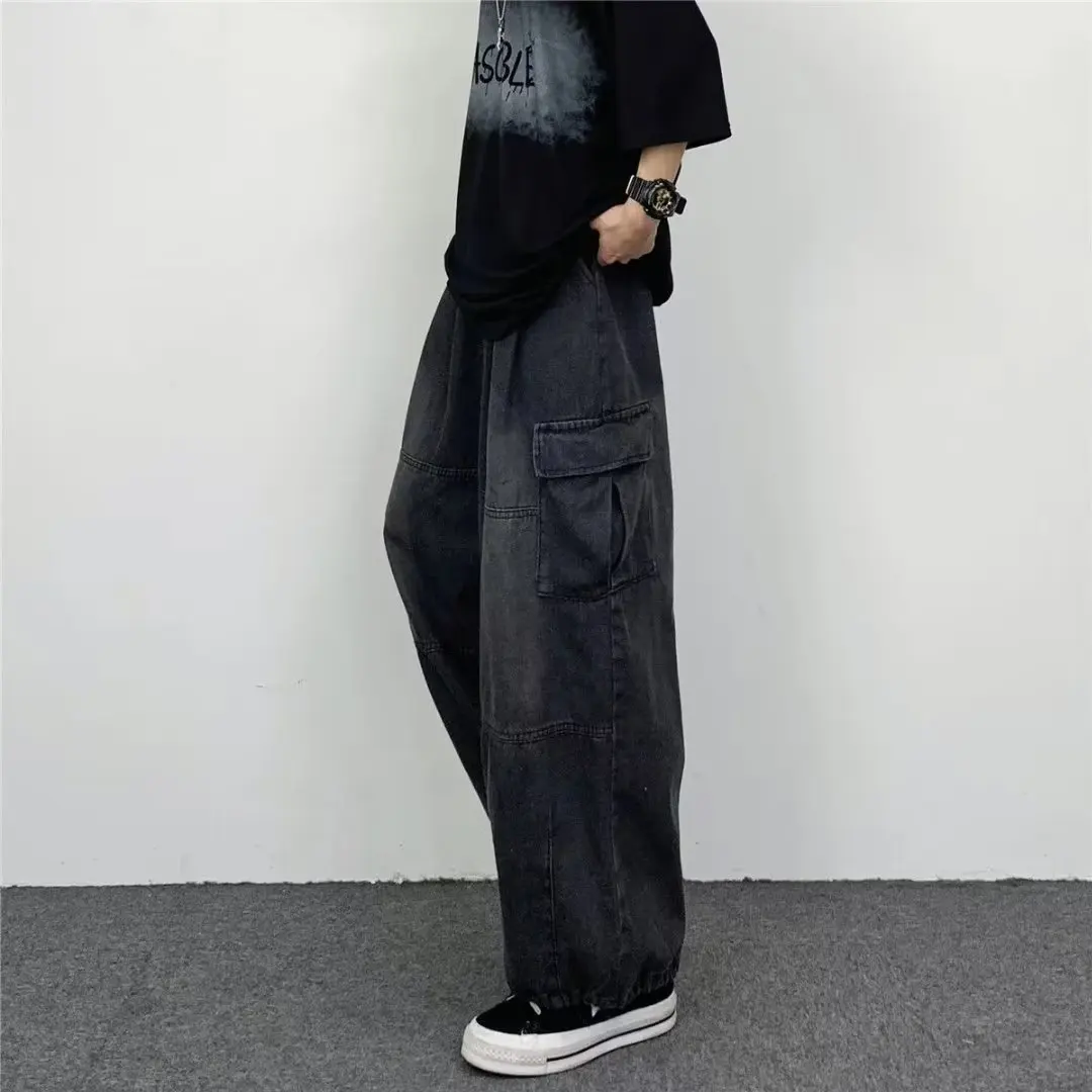 Retro Drape Feeling Loose Fitting Wide Leg Casual Large Pocket Work Clothes Denim Washed New Dad Pants for Men