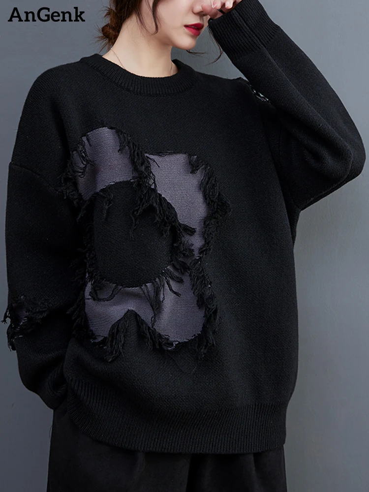 Pull tricoté à manches longues pour femme  surdimensionné  noir  Vintage  couleur frappée  vêtement
