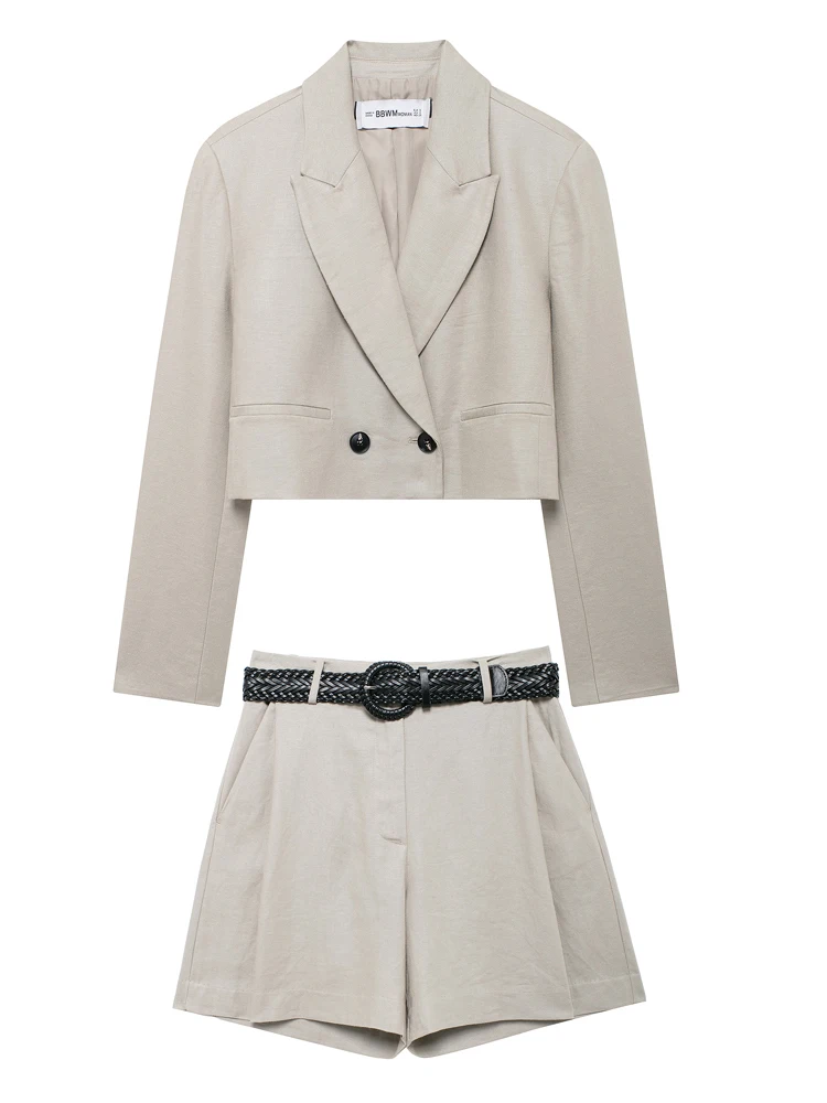 Женские льняные шорты-бермуды KAOPU ZA с высокой талией и поясом комплекты из двух