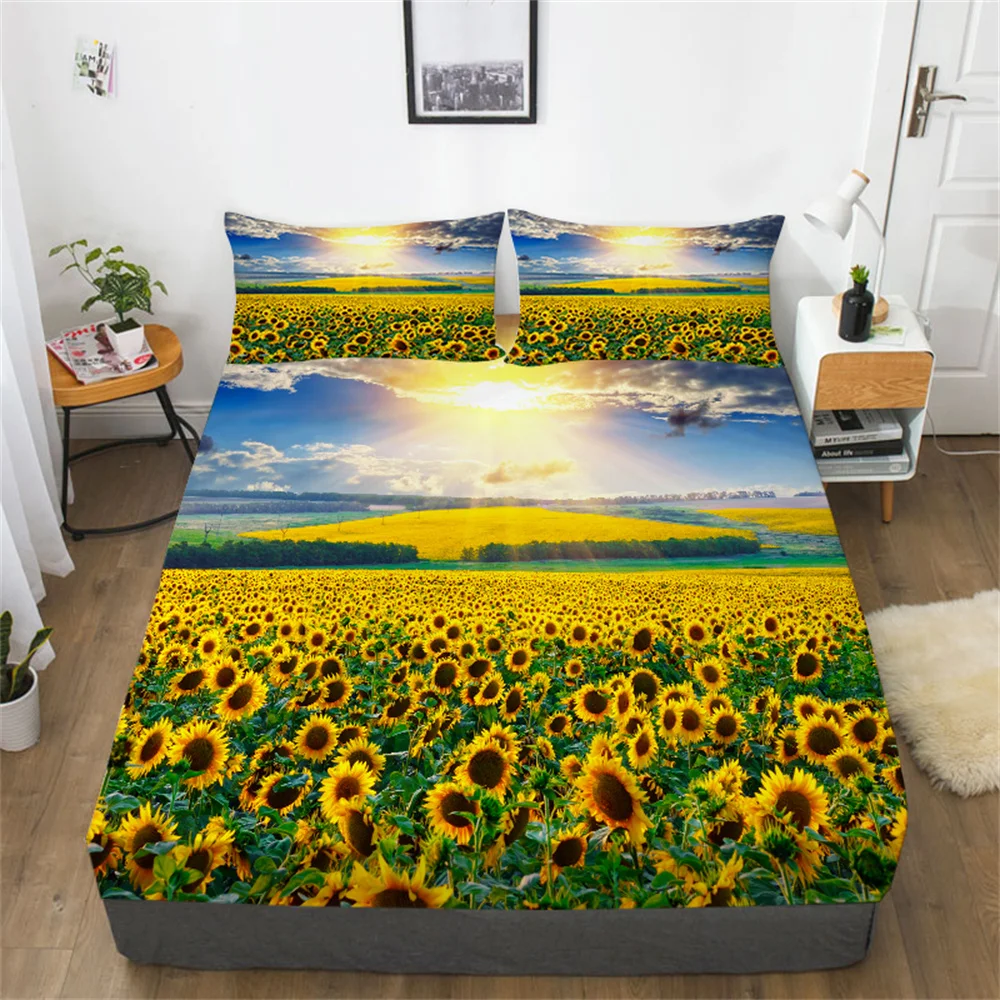 

3D Sunflower Bed Cover Print Bedding Set Covers Girl Home Bedroom Decoration King Size Bedspreads Fitted Sheet