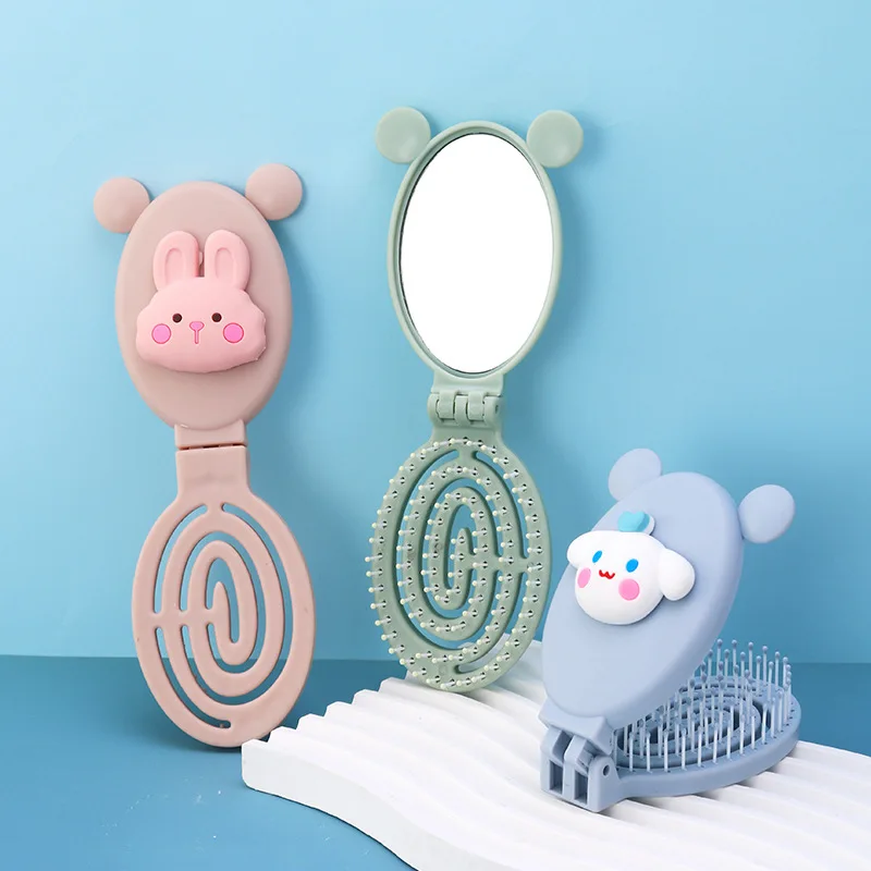 

Cartoon Foldable Small Hair Comb with Mirror Dog Rabbit Frog Clamshell Portable Massage Smooth Comb Hair Styling Accessories