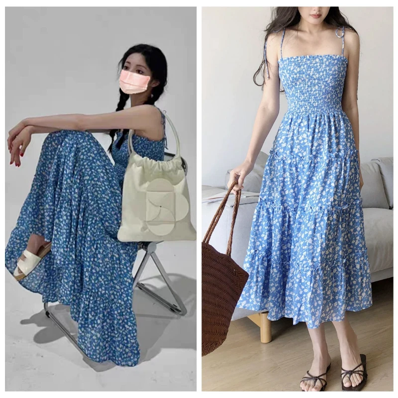 Floral Tube Top Long Dress 2023 Summer Women Blue Printed High Waist Sling Dress