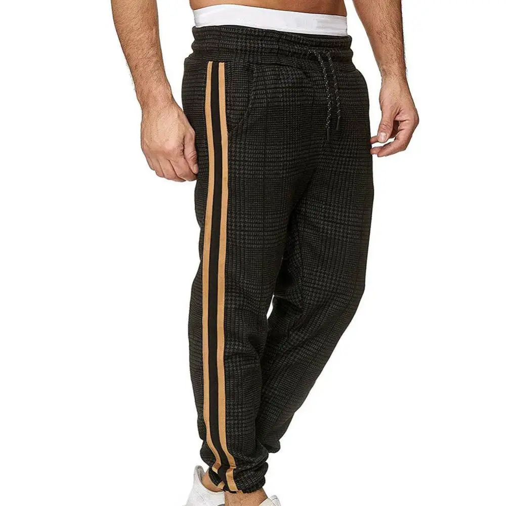 

Drawstring Men Long Pants Casual Pants Long Pocket Stripe Plaid Print Pants Ankle-Tied Trousers