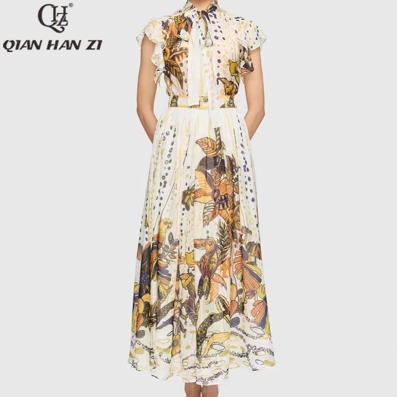 

Qian Han Zi Summer Fashion Designer Dress Long For Women Flying sleeve bow collar pattern print retro Slim vacation maxi dress