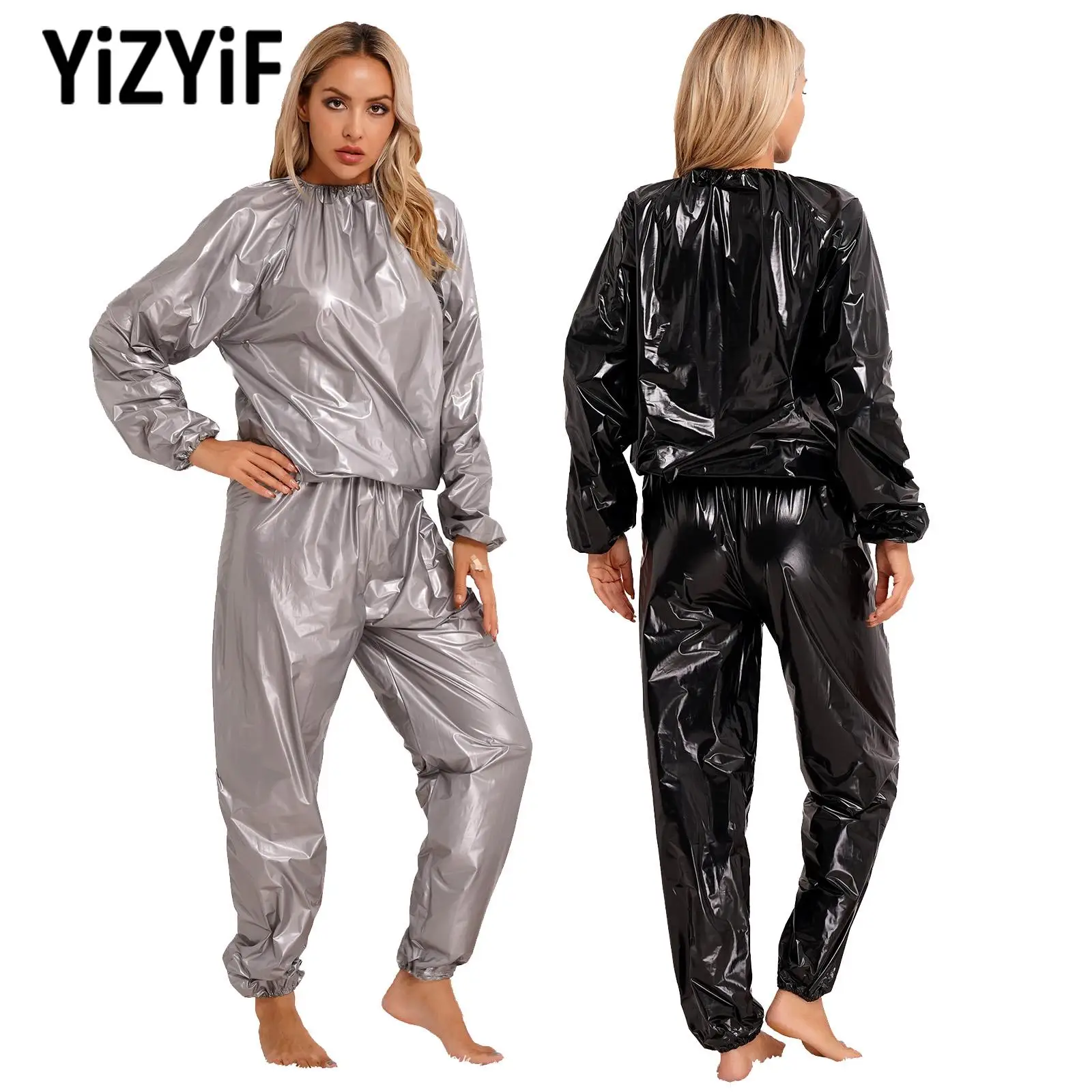 

Sauna Suit Long Sleeve PVC Elastic Cuff Top Pants Set Weight Loss Sweat Suit Slimming Fitness Gym Workout Suit for Men And Women