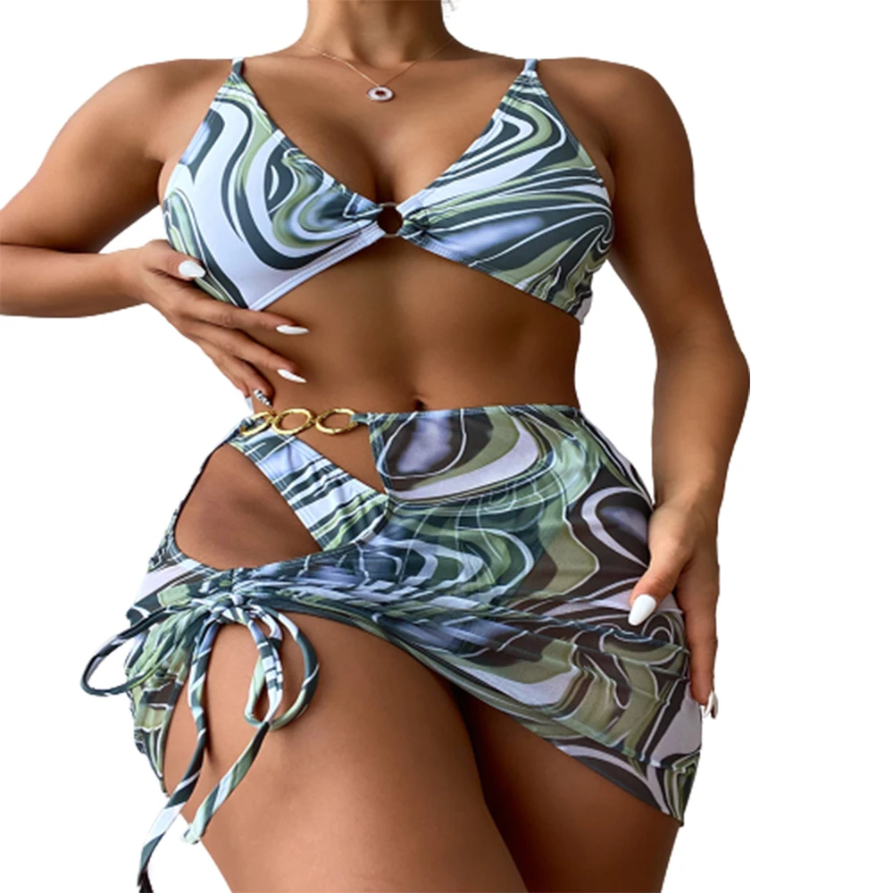 

FS Sexy Women Green Hollow Out Stitching Color Cover Ups Bikini Set Print Hip Skirt Bathing Suit Triangle Swimwear Three Pieces
