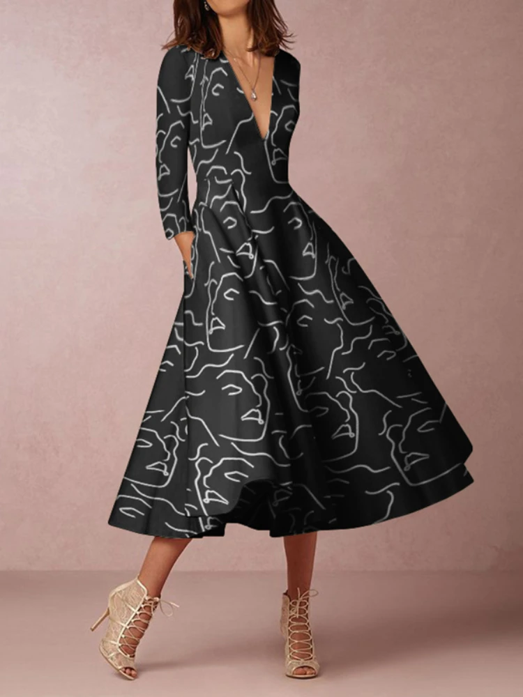 

Autumn Women Clothing Commuting Dress Fashion Long Sleeves V Neck Printed New Dresses Ladies Elegant High Street Party Vestidos