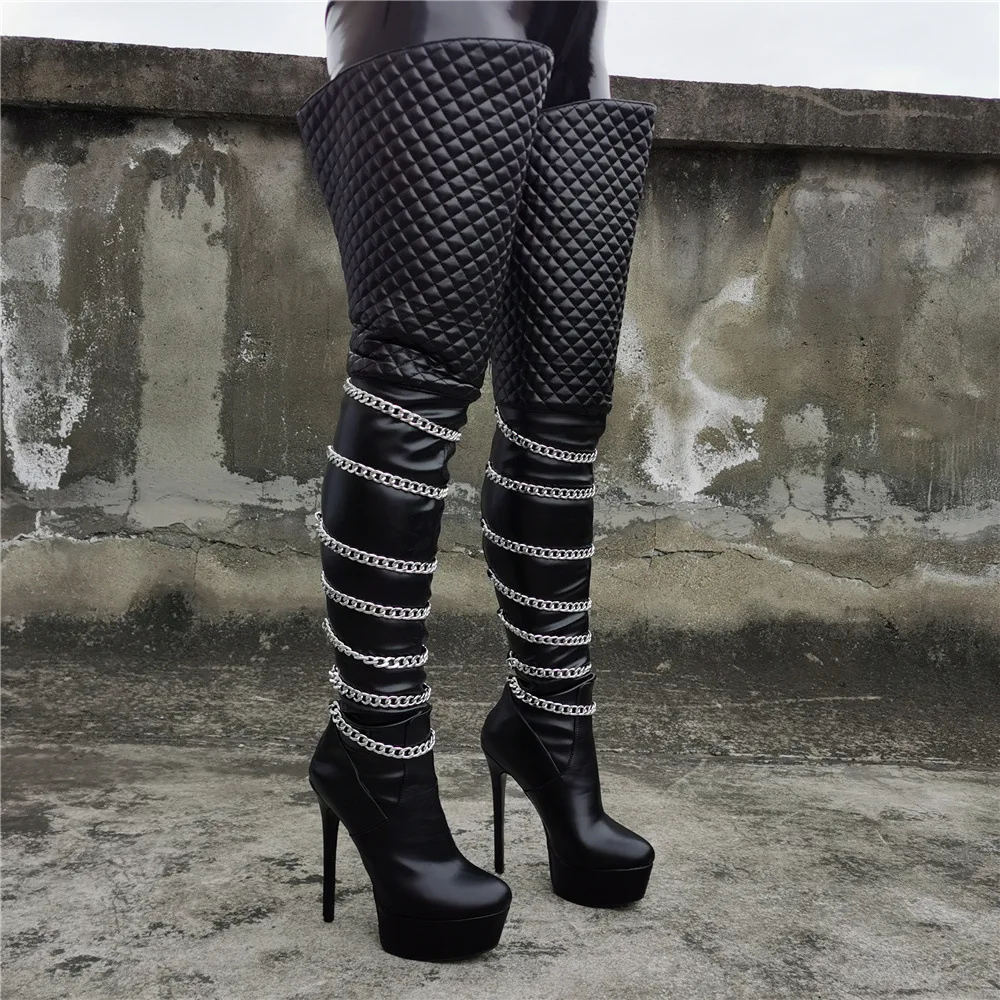 

Big Size 46 Women's Shoes Men's Pumps Over Knee High Heeled Platform Boots Luxury Brand Pumps Chain Sexy Dress Party Punk Boots