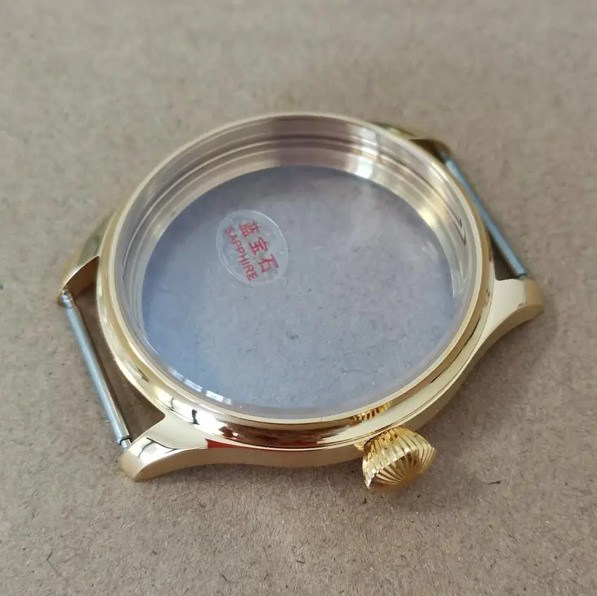 

golden 44mm 316L Stainless steel watch case Diamond shaped crown sapphire crystal Blue coating Manual mechanical watch case