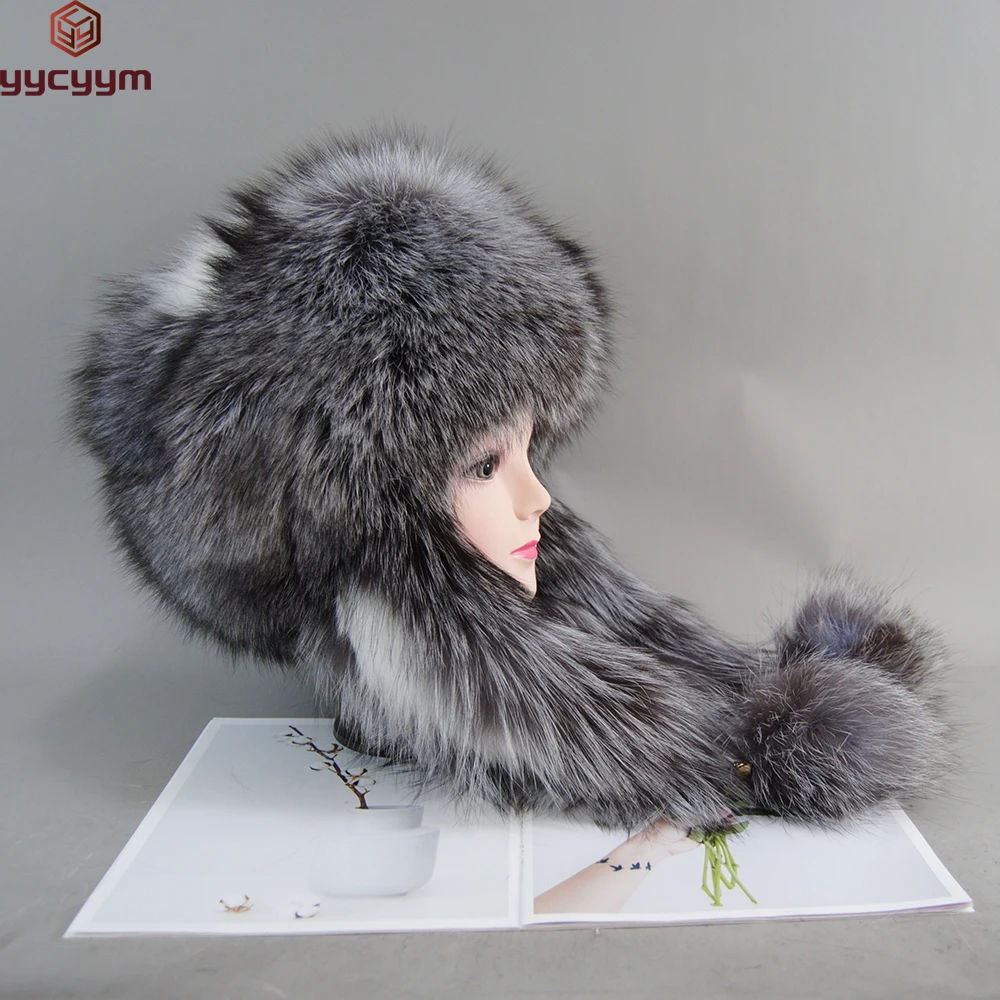 Ushanka Hat Stylish Russia Bomber Fur Cap Natural Fox Fur Earflap Winter Hats Women