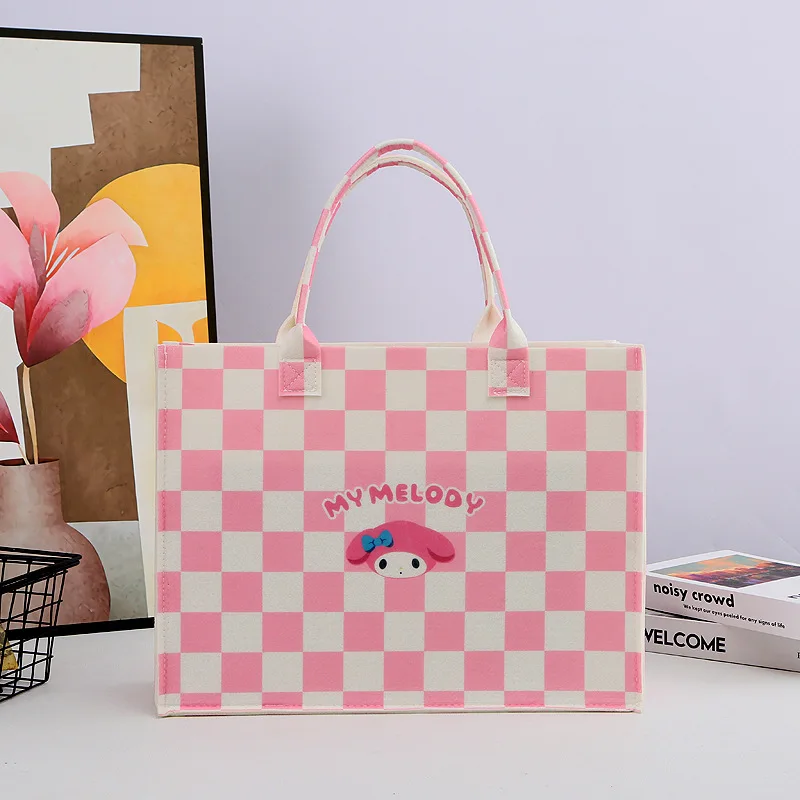 

Kawaii Sanrio Anime My Melody Cinnamoroll Large Capacity Felt Bag Cute Cartoon Kuromi Lovely Plaid Tote Bag Gifts for Girls