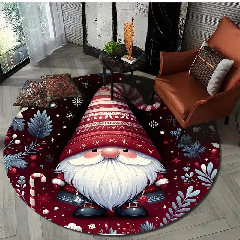 Gnome Christmas Print Round Carpet Suitable for Living Room Bedroom Flannel Non-slip Sofa Chair Creative Door Mat