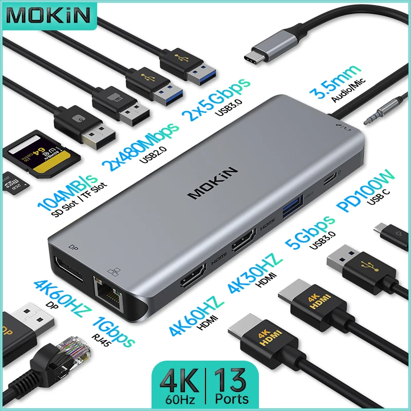 

Док-станция MOKiN 13 в 1 для MacBook Air/Pro, iPad, ноутбука Thunderbolt — USB3.0, HDMI 4K30 Гц, HDMI 4K60 Гц, PD 100 Вт, аудио